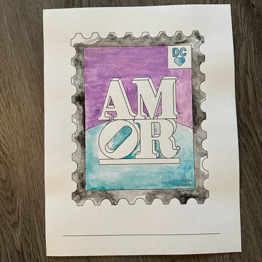 Amor - Washington D.C. Post Stamp Original Watercolor Painting - Blue & Purple